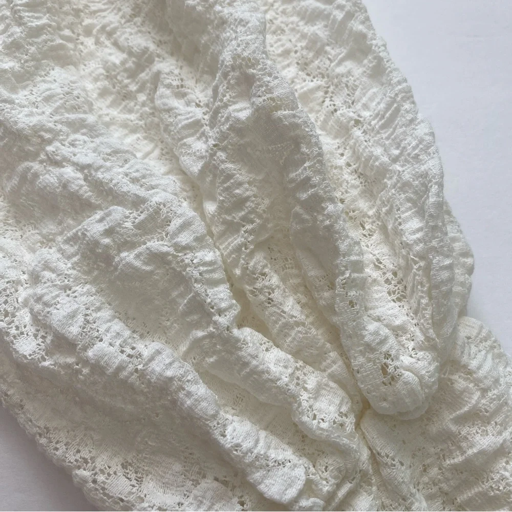 Free People Women’s Tea Time Round Neck Long Puff Sleeve‎ Lace Top white Size M